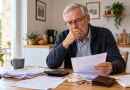 Retraité assis à sa table en train de consulter ses factures et de calculer son budget mensuel avec une pension d’environ 2 000 euros.