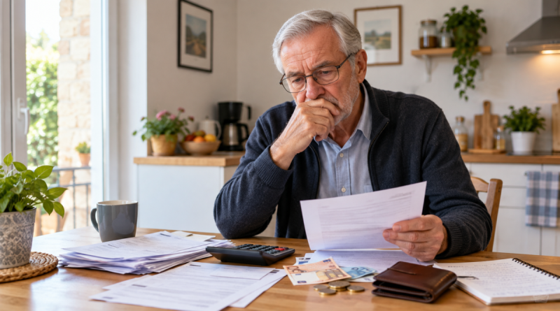 Retraité assis à sa table en train de consulter ses factures et de calculer son budget mensuel avec une pension d’environ 2 000 euros.