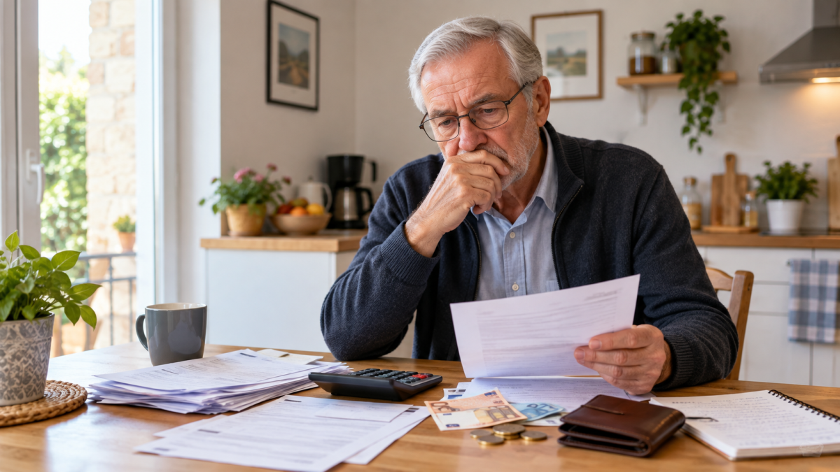 Retraité assis à sa table en train de consulter ses factures et de calculer son budget mensuel avec une pension d’environ 2 000 euros.
