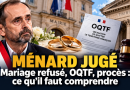 Illustration de Robert Ménard devant une mairie et un tribunal, avec des alliances et un document OQTF, pour un article expliquant l’affaire du mariage refusé à Béziers, le procès du 30 septembre 2026 et les questions juridiques autour du droit au mariage en France.
