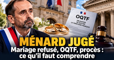 Illustration de Robert Ménard devant une mairie et un tribunal, avec des alliances et un document OQTF, pour un article expliquant l’affaire du mariage refusé à Béziers, le procès du 30 septembre 2026 et les questions juridiques autour du droit au mariage en France.