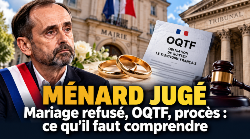 Illustration de Robert Ménard devant une mairie et un tribunal, avec des alliances et un document OQTF, pour un article expliquant l’affaire du mariage refusé à Béziers, le procès du 30 septembre 2026 et les questions juridiques autour du droit au mariage en France.