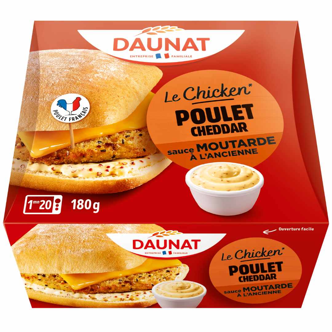 Emballage du sandwich Daunat Le Chicken Poulet Cheddar sauce moutarde à l’ancienne, produit concerné par un rappel pour risque de Listeria.