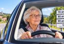 Senior au volant : une conductrice âgée conduit sa voiture tandis que des panneaux indiquent 70 ans, 80 ans et 90 ans, illustrant la question de l’âge pour arrêter de conduire et les signes d’alerte à surveiller.