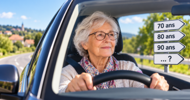 Senior au volant : une conductrice âgée conduit sa voiture tandis que des panneaux indiquent 70 ans, 80 ans et 90 ans, illustrant la question de l’âge pour arrêter de conduire et les signes d’alerte à surveiller.