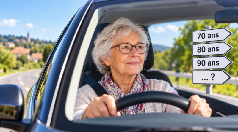 Senior au volant : une conductrice âgée conduit sa voiture tandis que des panneaux indiquent 70 ans, 80 ans et 90 ans, illustrant la question de l’âge pour arrêter de conduire et les signes d’alerte à surveiller.