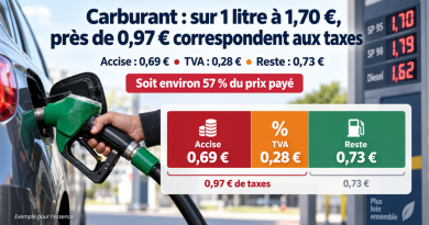 Illustration de la composition du prix d’un litre d’essence vendu 1,70 €, avec environ 0,69 € d’accise, 0,28 € de TVA et 0,73 € correspondant au reste du prix du carburant, soit environ 0,97 € de taxes au total.