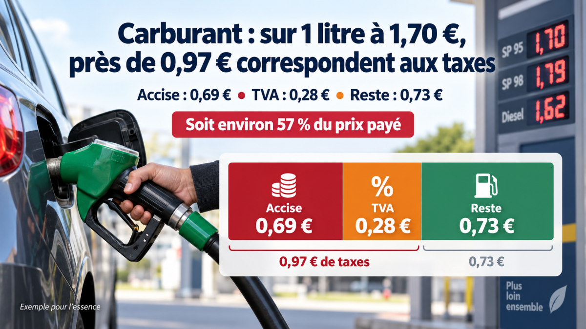 Illustration de la composition du prix d’un litre d’essence vendu 1,70 €, avec environ 0,69 € d’accise, 0,28 € de TVA et 0,73 € correspondant au reste du prix du carburant, soit environ 0,97 € de taxes au total.