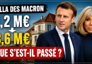 Emmanuel et Brigitte Macron devant une villa au Touquet, avec les montants 1,2 million d’euros et 3,6 millions d’euros illustrant la polémique autour de la valorisation et de la vente de la villa Monéjan.