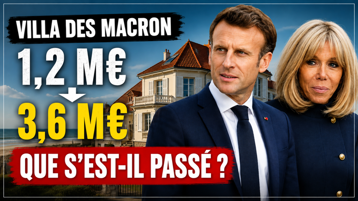 Emmanuel et Brigitte Macron devant une villa au Touquet, avec les montants 1,2 million d’euros et 3,6 millions d’euros illustrant la polémique autour de la valorisation et de la vente de la villa Monéjan.