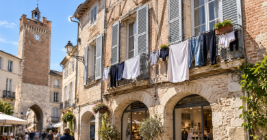Linge étendu aux fenêtres et balcons d’immeubles anciens dans un centre-ville, illustration de l’interdiction décidée à Villeneuve-sur-Lot.