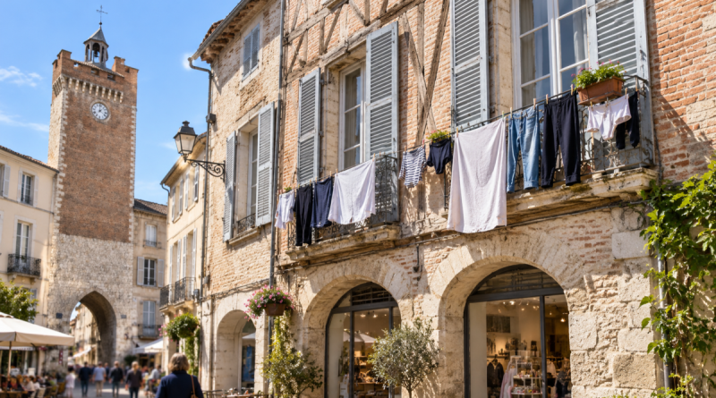 Linge étendu aux fenêtres et balcons d’immeubles anciens dans un centre-ville, illustration de l’interdiction décidée à Villeneuve-sur-Lot.