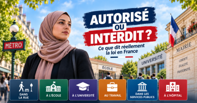 Femme portant un voile laissant son visage visible dans une rue française, devant une école, une université et une mairie, avec la mention « Autorisé ou interdit ? Ce que dit réellement la loi en France ». L’image illustre les règles juridiques applicables au port du voile dans la rue, à l’école, à l’université, au travail, dans les services publics et à l’hôpital.