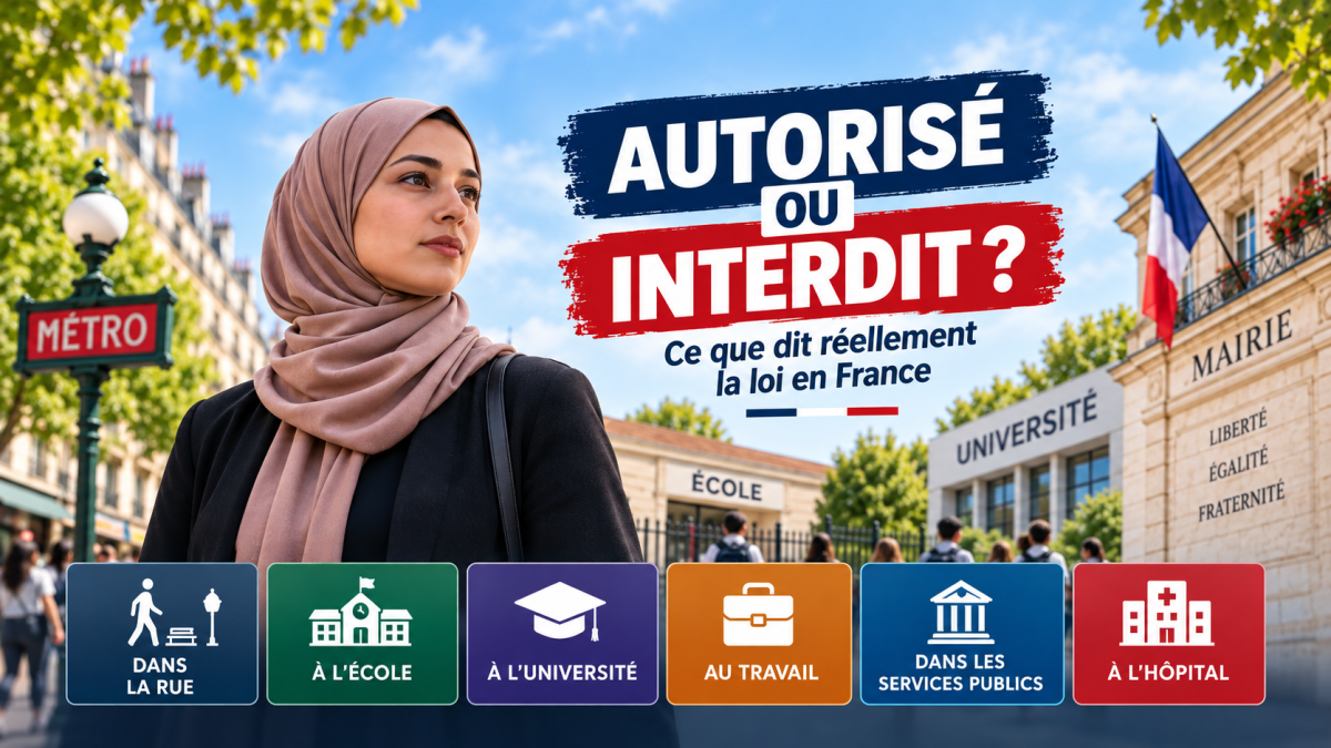 Femme portant un voile laissant son visage visible dans une rue française, devant une école, une université et une mairie, avec la mention « Autorisé ou interdit ? Ce que dit réellement la loi en France ». L’image illustre les règles juridiques applicables au port du voile dans la rue, à l’école, à l’université, au travail, dans les services publics et à l’hôpital.