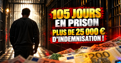 Illustration d'un homme en prison avec l'annonce de plus de 25 000 euros d'indemnisation après 105 jours de détention.