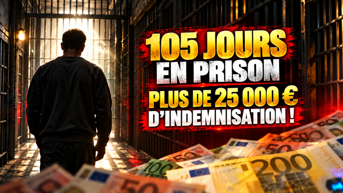 Illustration d'un homme en prison avec l'annonce de plus de 25 000 euros d'indemnisation après 105 jours de détention.