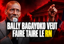 Bally Bagayoko, maire LFI de Saint-Denis, s’exprime au micro, le poing levé, sur un montage rouge et noir évoquant sa volonté de priver le RN de parole dans les médias.