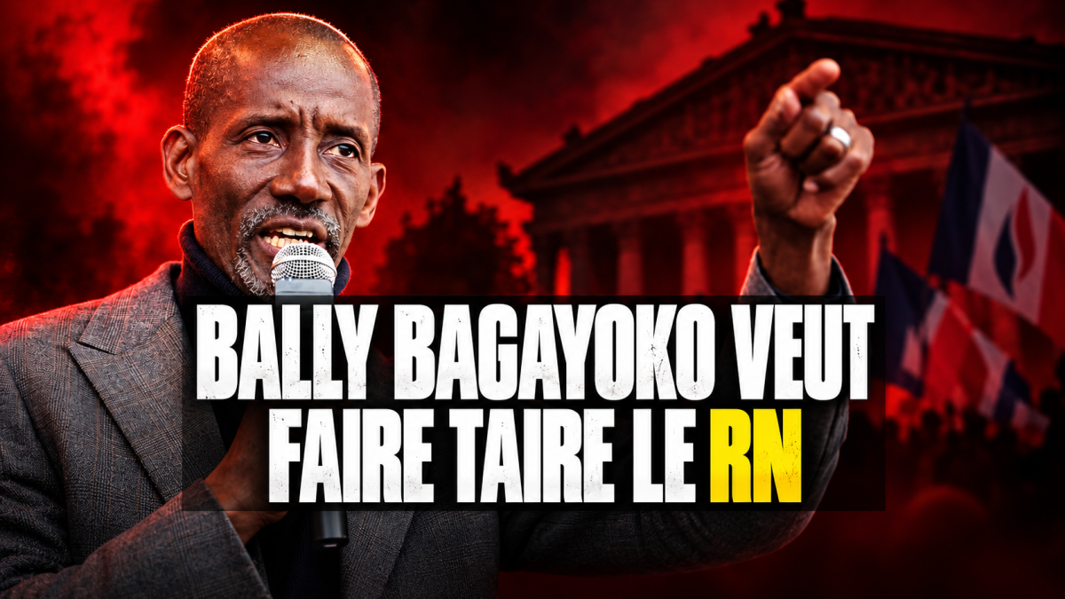 Bally Bagayoko, maire LFI de Saint-Denis, s’exprime au micro, le poing levé, sur un montage rouge et noir évoquant sa volonté de priver le RN de parole dans les médias.