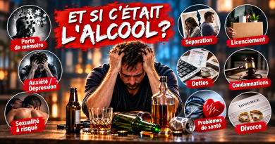 Illustration de prévention sur les conséquences de l'alcool montrant un homme en détresse entouré de bouteilles, avec des scènes évoquant la séparation, le licenciement, la perte de mémoire, les dettes, les condamnations, l'anxiété, la dépression, les problèmes de santé et la sexualité à risque.