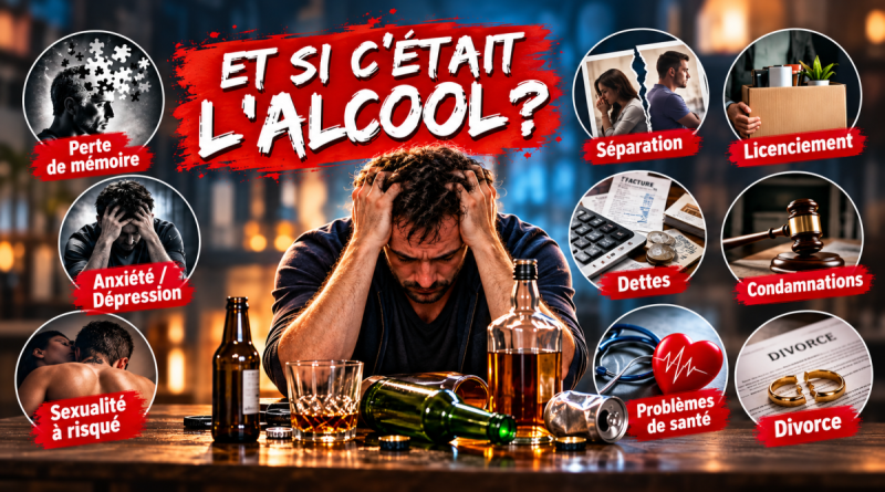 Illustration de prévention sur les conséquences de l'alcool montrant un homme en détresse entouré de bouteilles, avec des scènes évoquant la séparation, le licenciement, la perte de mémoire, les dettes, les condamnations, l'anxiété, la dépression, les problèmes de santé et la sexualité à risque.