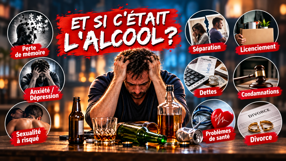 Illustration de prévention sur les conséquences de l'alcool montrant un homme en détresse entouré de bouteilles, avec des scènes évoquant la séparation, le licenciement, la perte de mémoire, les dettes, les condamnations, l'anxiété, la dépression, les problèmes de santé et la sexualité à risque.
