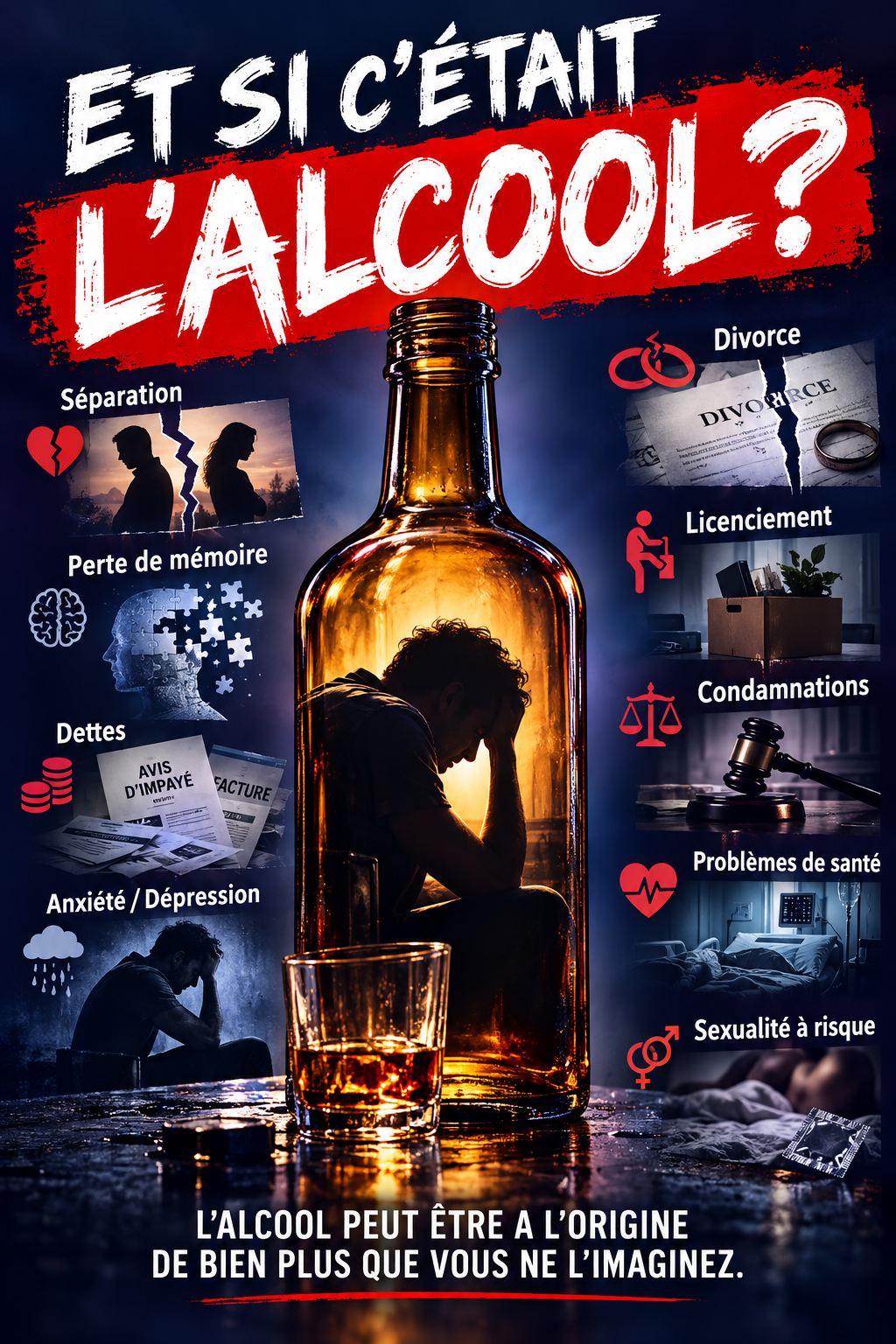 Affiche de prévention intitulée « Et si c’était l’alcool ? », représentant un homme en détresse, assis à l’intérieur d’une bouteille d’alcool géante, la tête entre les mains. Autour de lui, neuf conséquences possibles d’une consommation excessive d’alcool sont illustrées : séparation amoureuse, divorce, perte de mémoire, licenciement, dettes financières, condamnations judiciaires, anxiété et dépression, problèmes de santé et sexualité à risque. En bas de l’affiche, le message « L’alcool peut être à l’origine de bien plus que vous ne l’imaginez » sensibilise aux dangers de l’alcool et de la dépendance.
Copier l'ALT-TEXT