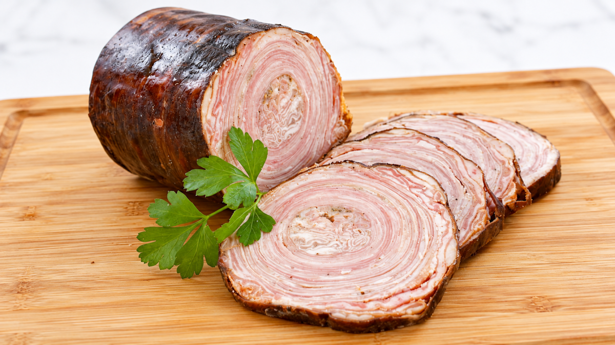 Andouille de Guémené traditionnelle coupée en tranches sur une planche en bois, illustrant le patrimoine culinaire breton aujourd'hui menacé.
