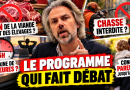 Illustration éditoriale consacrée aux propositions politiques d'Aymeric Caron et de son parti, la Révolution écologique pour le vivant (REV). Un portrait du député est entouré de visuels évoquant la fin des élevages pour la viande, l'interdiction de la chasse, la semaine de travail de 15 heures et le congé parental prolongé. Le titre « Le programme qui fait débat » apparaît en grandes lettres rouges, jaunes et noires.