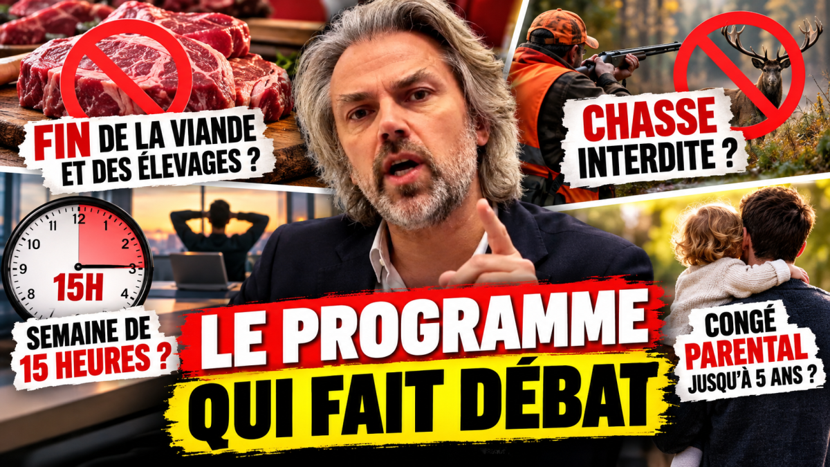 Illustration éditoriale consacrée aux propositions politiques d'Aymeric Caron et de son parti, la Révolution écologique pour le vivant (REV). Un portrait du député est entouré de visuels évoquant la fin des élevages pour la viande, l'interdiction de la chasse, la semaine de travail de 15 heures et le congé parental prolongé. Le titre « Le programme qui fait débat » apparaît en grandes lettres rouges, jaunes et noires.