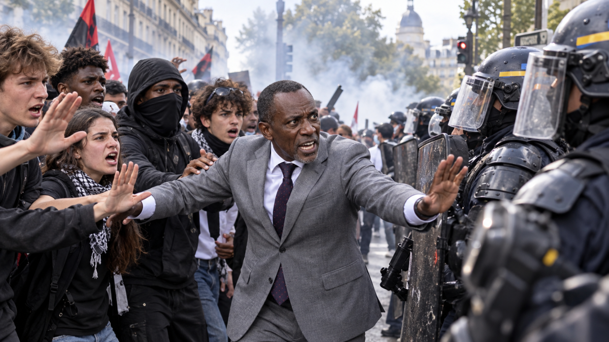 Illustration de Bally Bagayoko, maire de Saint-Denis, lors de la manifestation lycéenne du 6 octobre 2026 à Paris, bras tendus face aux policiers en tenue antiémeute, au milieu de jeunes manifestants, dans un climat de fortes tensions et de fumée.