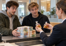 Deux jeunes hommes rendent des liasses de billets à une banque tandis qu’une employée leur offre deux paquets de bonbons.