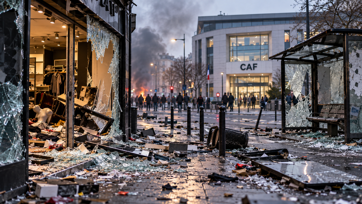 Illustration générée par intelligence artificielle représentant une rue française après des dégradations urbaines, avec une vitrine de magasin brisée, un abribus vandalisé, des débris sur la chaussée et un bâtiment de la CAF en arrière-plan. L'image illustre le projet du gouvernement visant à renforcer la responsabilité financière des casseurs et des pilleurs, notamment par des mesures concernant certaines prestations sociales.