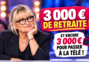 « Illustration de Christine Bravo, ancienne animatrice et chroniqueuse de télévision, portant des lunettes noires dans un studio télévisé. À ses côtés figurent les inscriptions “3 000 € de retraite !” et “Et encore 3 000 € pour passer à la télé !”, en référence à ses déclarations sur sa pension mensuelle et la rémunération demandée pour certaines apparitions télévisées. »