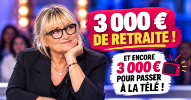 « Illustration de Christine Bravo, ancienne animatrice et chroniqueuse de télévision, portant des lunettes noires dans un studio télévisé. À ses côtés figurent les inscriptions “3 000 € de retraite !” et “Et encore 3 000 € pour passer à la télé !”, en référence à ses déclarations sur sa pension mensuelle et la rémunération demandée pour certaines apparitions télévisées. »