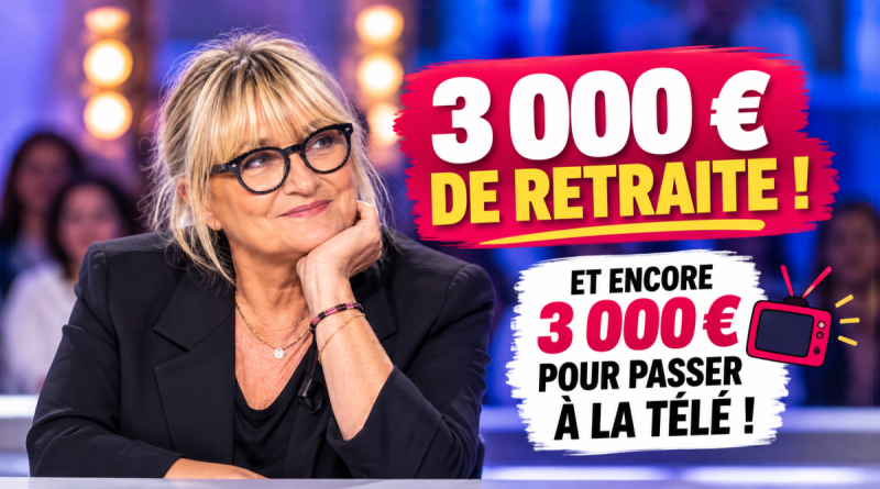 « Illustration de Christine Bravo, ancienne animatrice et chroniqueuse de télévision, portant des lunettes noires dans un studio télévisé. À ses côtés figurent les inscriptions “3 000 € de retraite !” et “Et encore 3 000 € pour passer à la télé !”, en référence à ses déclarations sur sa pension mensuelle et la rémunération demandée pour certaines apparitions télévisées. »