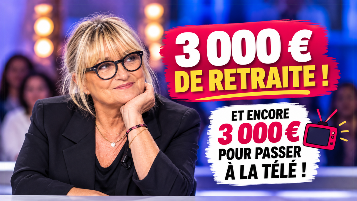 « Illustration de Christine Bravo, ancienne animatrice et chroniqueuse de télévision, portant des lunettes noires dans un studio télévisé. À ses côtés figurent les inscriptions “3 000 € de retraite !” et “Et encore 3 000 € pour passer à la télé !”, en référence à ses déclarations sur sa pension mensuelle et la rémunération demandée pour certaines apparitions télévisées. »