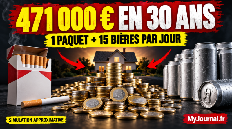 Illustration du coût estimé du tabac et de l’alcool sur 30 ans, avec un paquet de cigarettes et 15 bières par jour, soit près de 471 000 euros selon cette simulation.