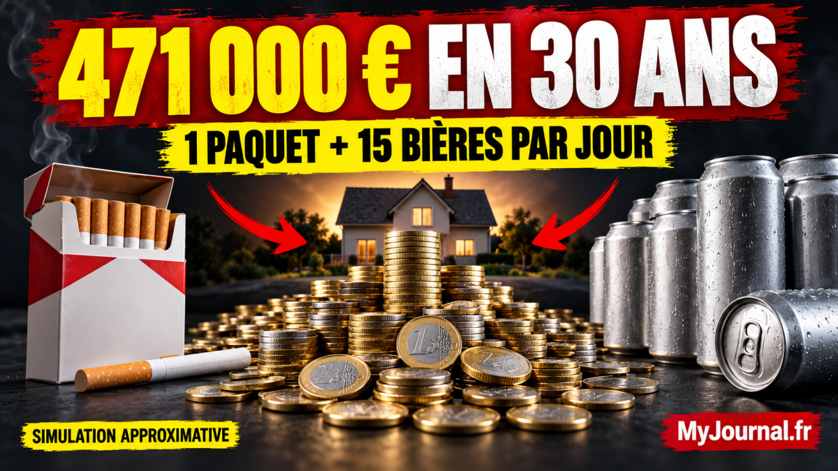 Illustration du coût estimé du tabac et de l’alcool sur 30 ans, avec un paquet de cigarettes et 15 bières par jour, soit près de 471 000 euros selon cette simulation.