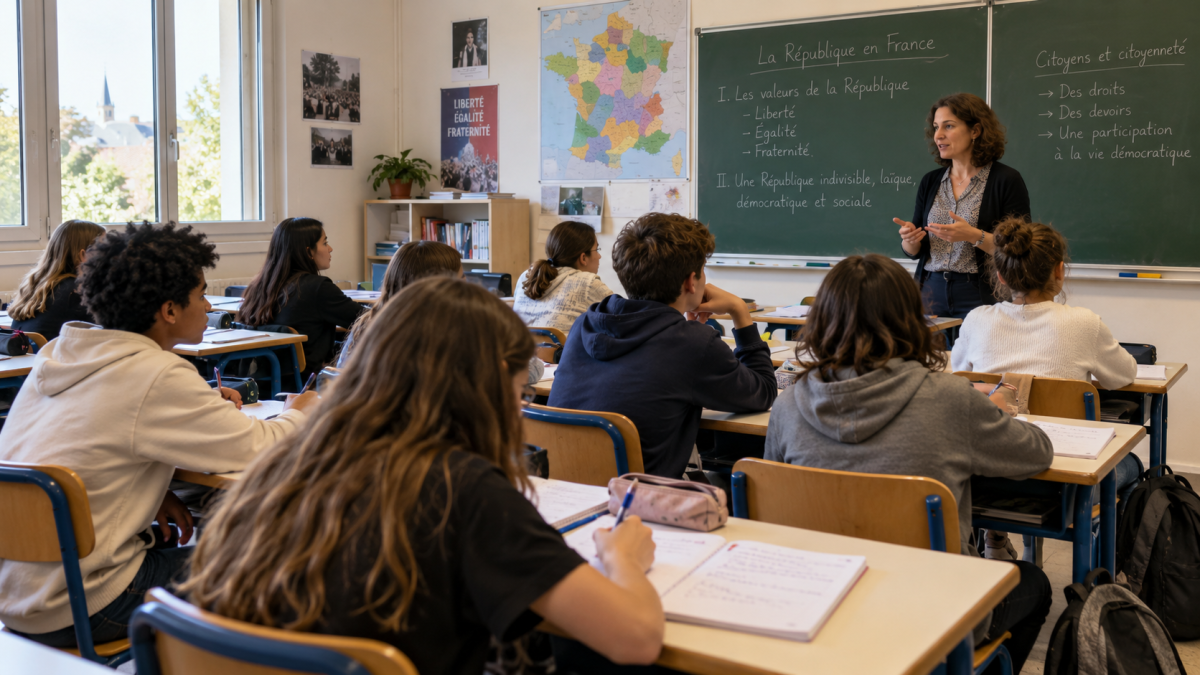 Élèves de collège assis dans une salle de classe en France, prenant des notes à la main dans leurs cahiers pendant qu’une enseignante fait cours devant le tableau.