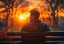 Un homme assis seul dans un parc au coucher du soleil, illustration d'un témoignage sur les blessures de l'enfance.