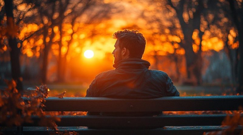 Un homme assis seul dans un parc au coucher du soleil, illustration d'un témoignage sur les blessures de l'enfance.