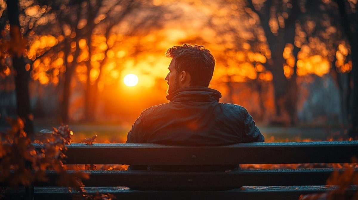 Un homme assis seul dans un parc au coucher du soleil, illustration d'un témoignage sur les blessures de l'enfance.