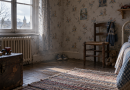 « Chambre d'enfant des années 1980, vide et plongée dans une lumière froide. Une petite paire de chaussures abandonnée dans un coin et un ours en peluche évoquent la solitude, la peur et les blessures invisibles d'une enfance marquée par la maltraitance familiale. Illustration du témoignage personnel de Yann Gouriou sur les violences subies durant son enfance. »