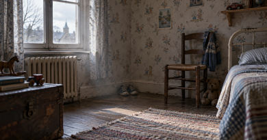 « Chambre d'enfant des années 1980, vide et plongée dans une lumière froide. Une petite paire de chaussures abandonnée dans un coin et un ours en peluche évoquent la solitude, la peur et les blessures invisibles d'une enfance marquée par la maltraitance familiale. Illustration du témoignage personnel de Yann Gouriou sur les violences subies durant son enfance. »