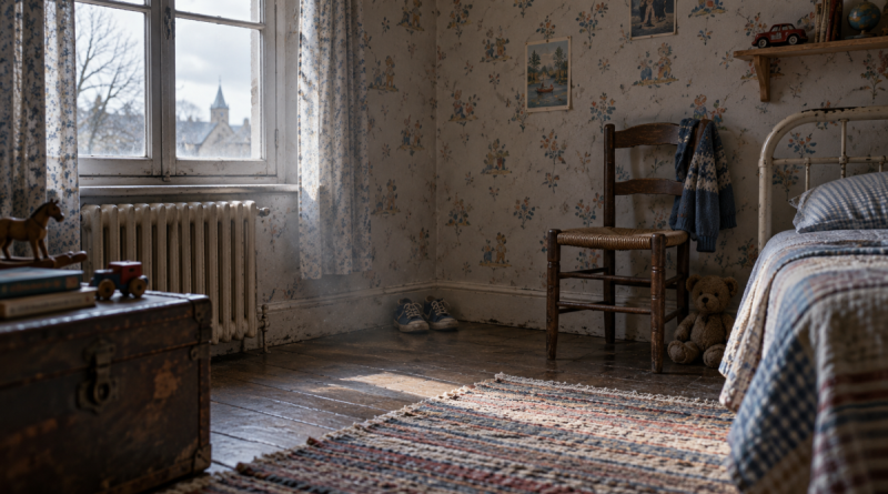« Chambre d'enfant des années 1980, vide et plongée dans une lumière froide. Une petite paire de chaussures abandonnée dans un coin et un ours en peluche évoquent la solitude, la peur et les blessures invisibles d'une enfance marquée par la maltraitance familiale. Illustration du témoignage personnel de Yann Gouriou sur les violences subies durant son enfance. »