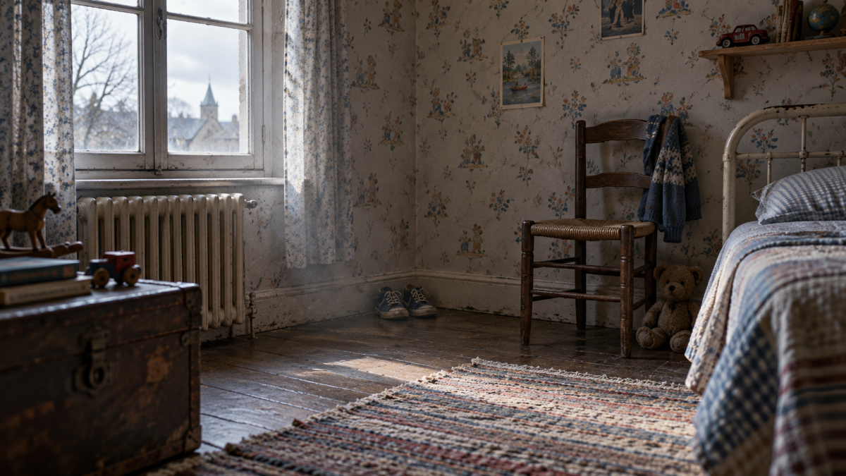 « Chambre d'enfant des années 1980, vide et plongée dans une lumière froide. Une petite paire de chaussures abandonnée dans un coin et un ours en peluche évoquent la solitude, la peur et les blessures invisibles d'une enfance marquée par la maltraitance familiale. Illustration du témoignage personnel de Yann Gouriou sur les violences subies durant son enfance. »