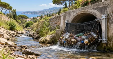 Filet anti-déchets installé à la sortie d'une canalisation d'eaux pluviales, retenant bouteilles en plastique, canettes et emballages pour illustrer la lutte contre la pollution marine à Cannes.