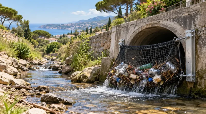 Filet anti-déchets installé à la sortie d'une canalisation d'eaux pluviales, retenant bouteilles en plastique, canettes et emballages pour illustrer la lutte contre la pollution marine à Cannes.
