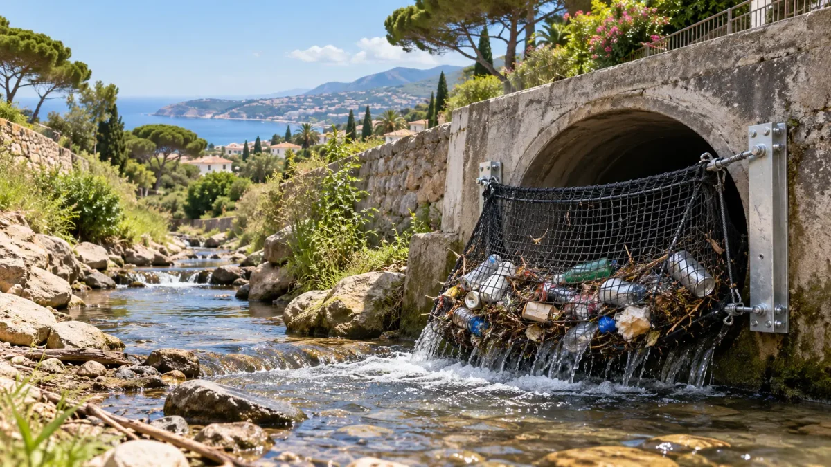 Filet anti-déchets installé à la sortie d'une canalisation d'eaux pluviales, retenant bouteilles en plastique, canettes et emballages pour illustrer la lutte contre la pollution marine à Cannes.