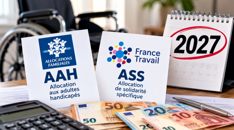 Illustration de la fin du cumul entre l'allocation aux adultes handicapés (AAH) et l'allocation de solidarité spécifique (ASS) au 1er janvier 2027. Sur un bureau, deux documents représentant la CAF et France Travail sont accompagnés de billets en euros, d'une calculatrice et d'un calendrier affichant 2027. Un fauteuil roulant apparaît en arrière-plan, symbolisant les personnes en situation de handicap concernées par cette mesure qui pourrait entraîner une baisse importante de leurs revenus.
